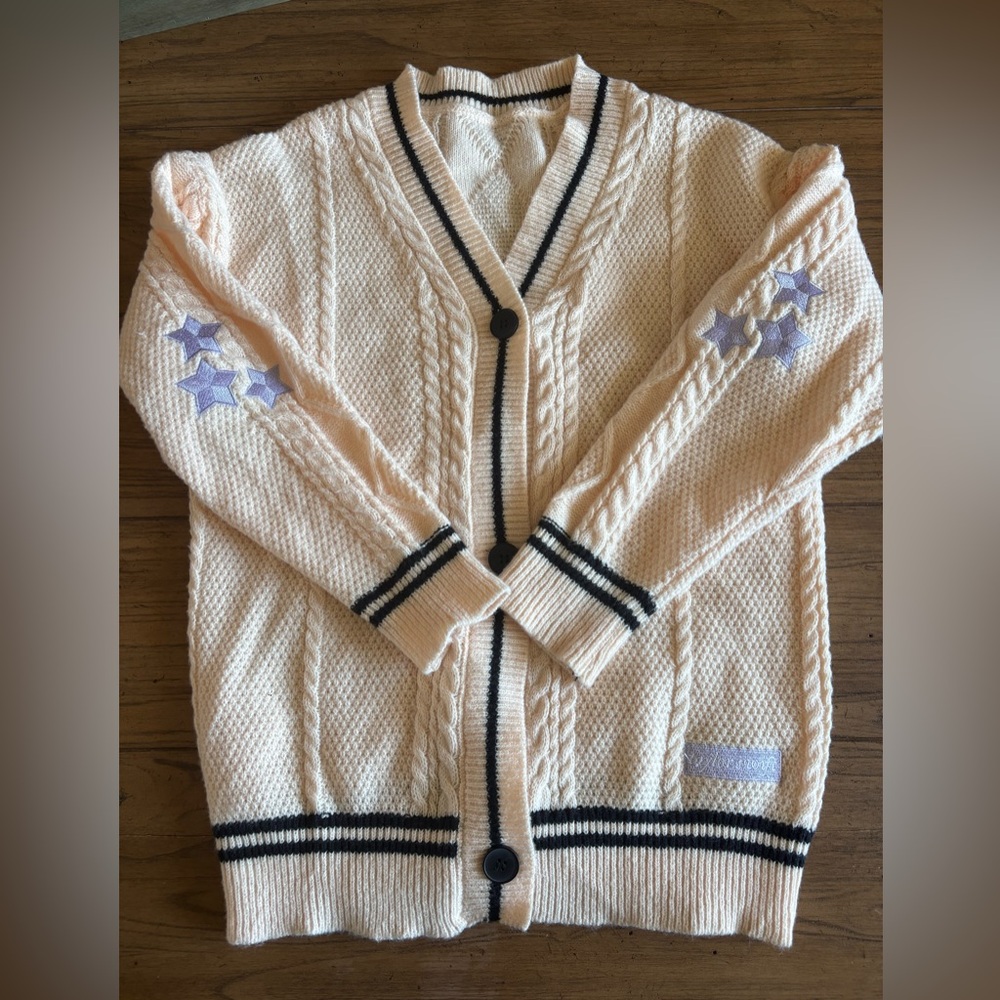 NWOT! Taylor Swift Cream Cardigan with Purple Stars with black accents stripes